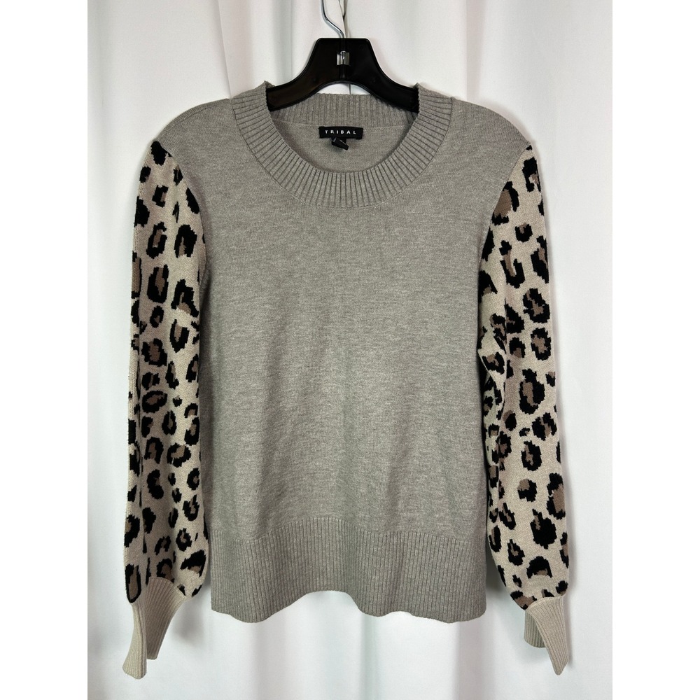 Tribal Grey Mix Leopard Pattern Knit Sweater Crew Neck Minimal Office wear M